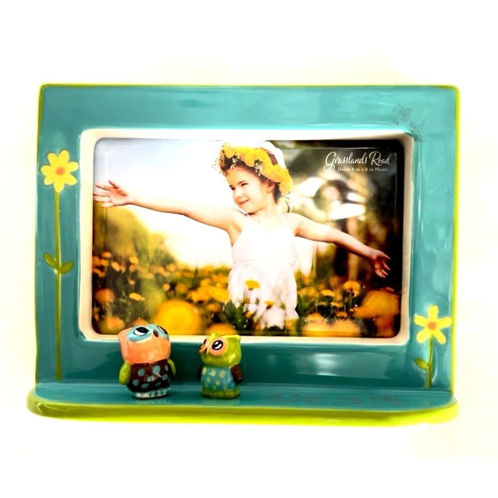 Grasslands Road Ceramic Photo Frame Owls Flowers 7"W x 5.5"H  Green Aqua Blue